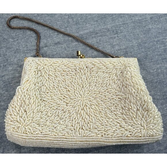 Vintage Beaded Evening Clutch Purse with Chain Strap Ivory Pearl Design GUC - Picture 1 of 11